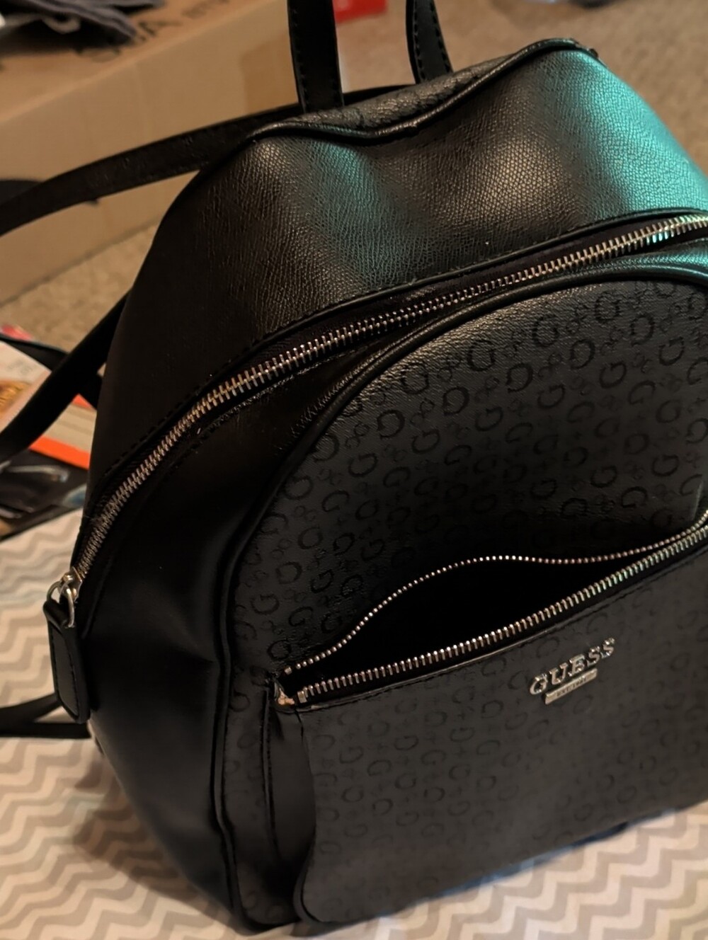 Guess Black Logo Mini Backpack with Silver Hardware